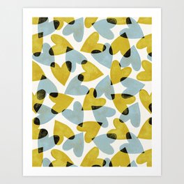Linocut Hearts / Blue & Yellow Art Print