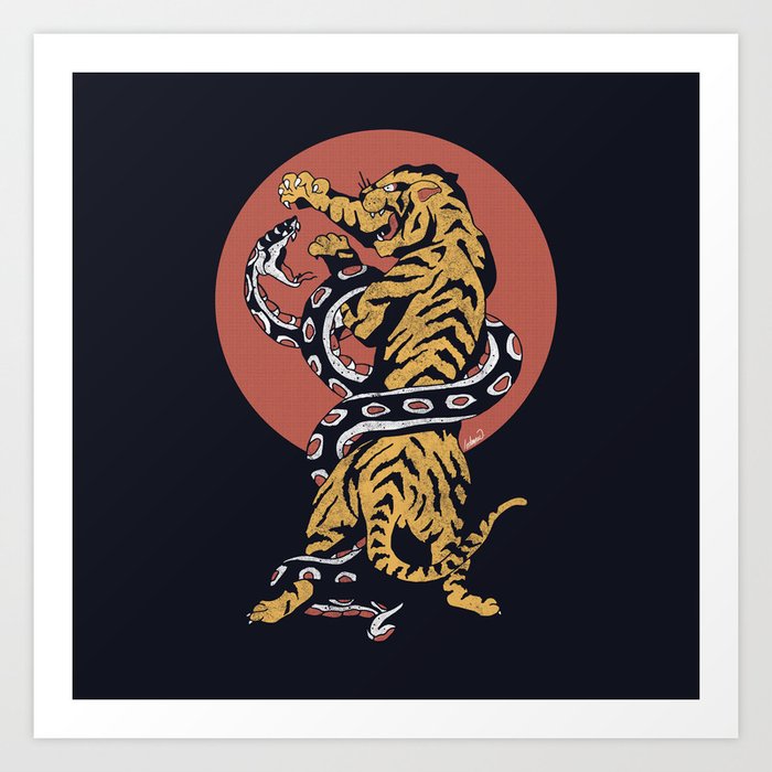 Classic Tattoo Snake vs Tiger Art Print