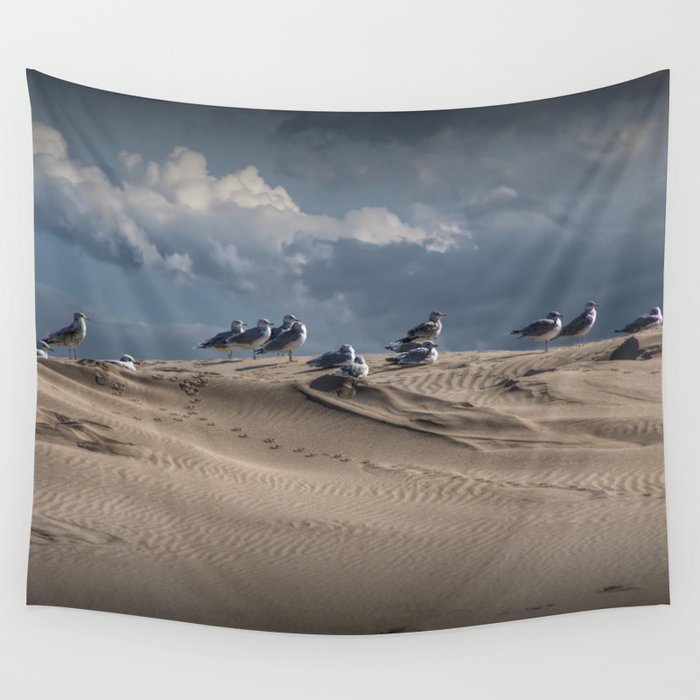 Waiting Gulls on Top of A Sand Dune Wall Tapestry