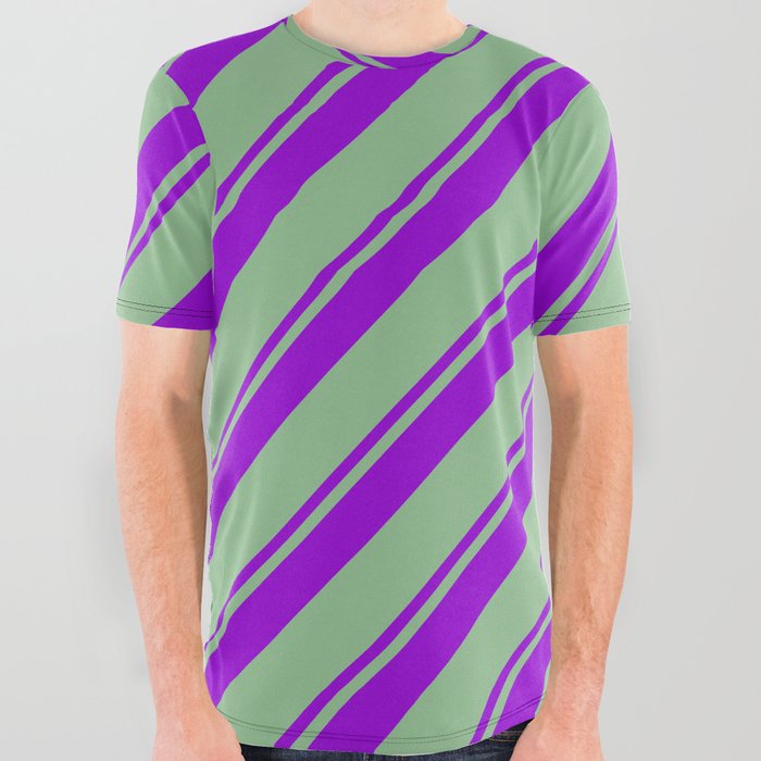 Dark Violet and Dark Sea Green Colored Lines Pattern All Over Graphic Tee