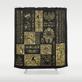 Egyptian  hieroglyphs and symbols gold on black leather Shower Curtain