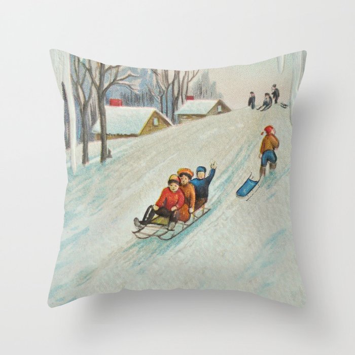 Happy vintage winter sledders Throw Pillow