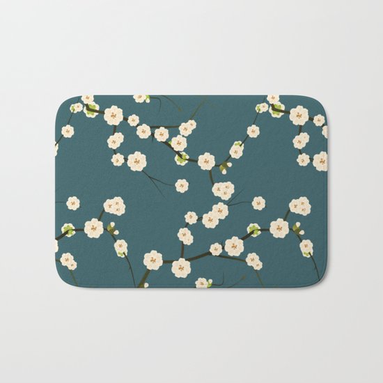 Cherry Blossoms on Blue Background Bath Mat
