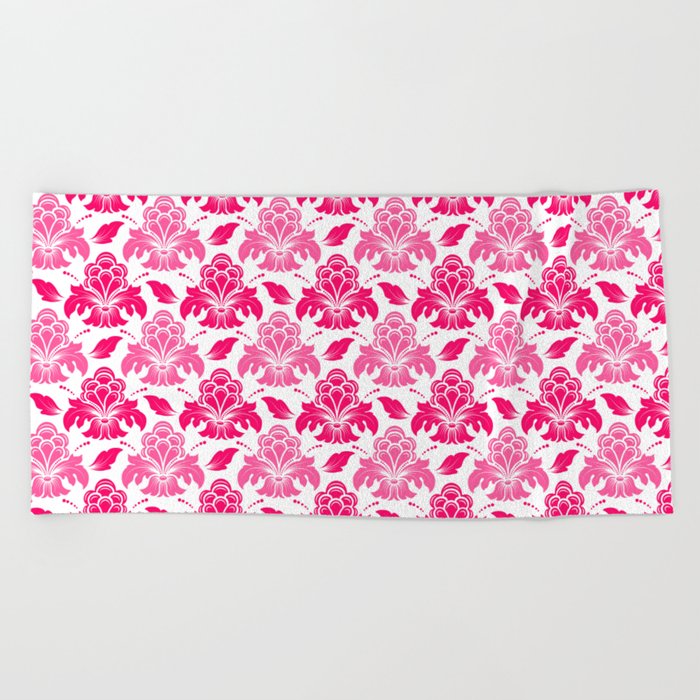 Preppy Room Decor - Pink Red Damask Pattern Design  Beach Towel