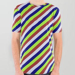 [ Thumbnail: Light Green, Brown, Lavender & Blue Colored Stripes/Lines Pattern All Over Graphic Tee ]