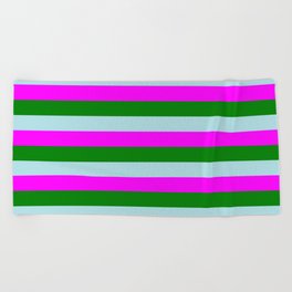 [ Thumbnail: Fuchsia, Green, and Powder Blue Colored Lines/Stripes Pattern Beach Towel ]