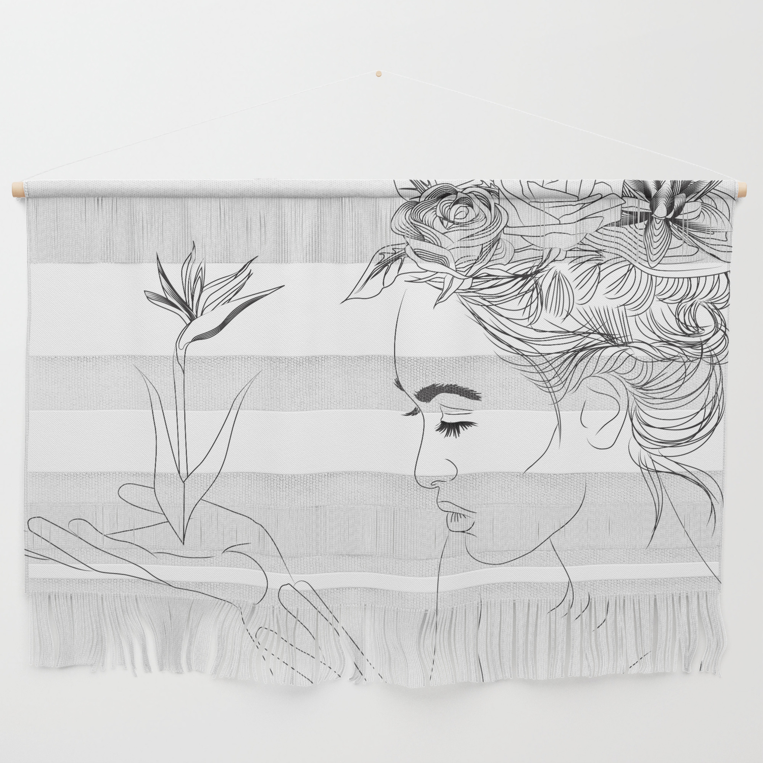 Simple Black And White Ink Drawing Of Woman With Flowers In Hair Wall Hanging By Andwomandesign Society6