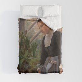 Breton Girl Looking After Plants in the Hothouse, 1884 by Anna Petersen Duvet Cover