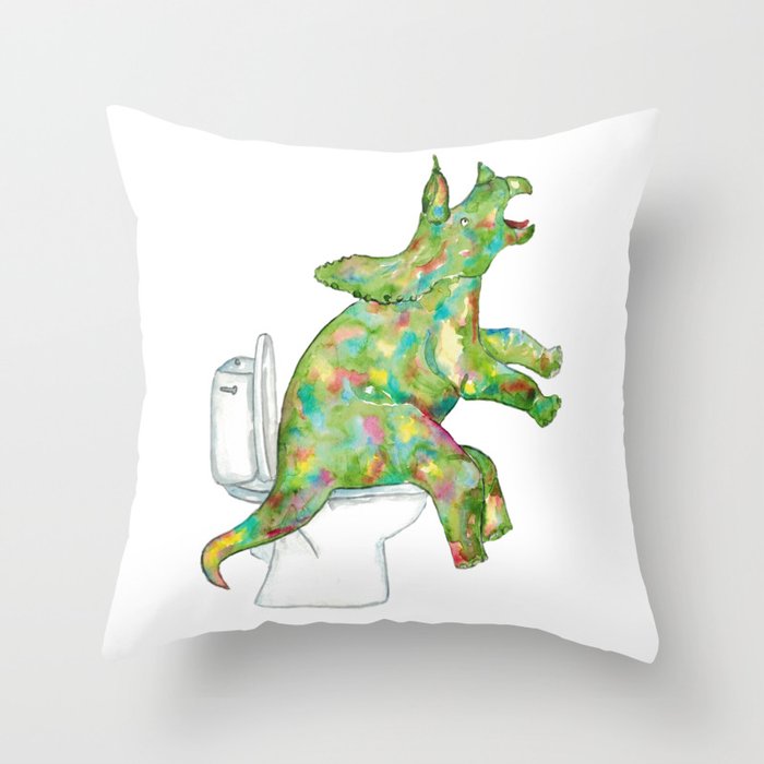  Triceratops in the bathroom dinosaur painting watercolour Throw Pillow