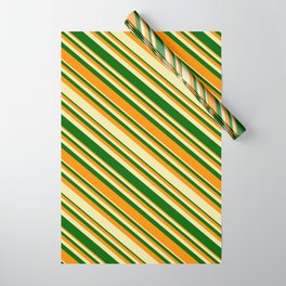 [ Thumbnail: Pale Goldenrod, Dark Green, and Dark Orange Colored Lined/Striped Pattern Wrapping Paper ]