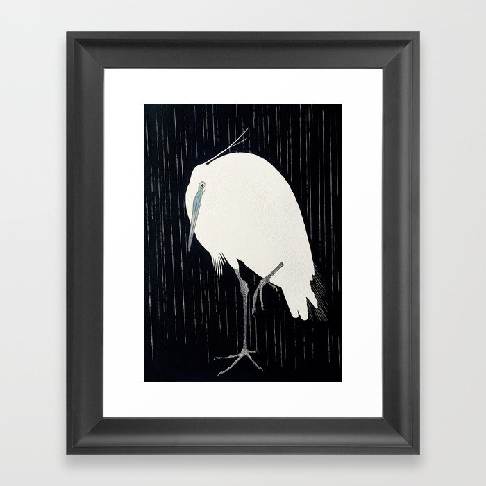 Egret standing in rain - Japanese vintage woodblock print Framed Art Print