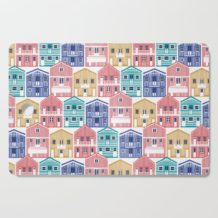 Colourful Portuguese houses // white background rob roy yellow mandy red electric blue and peacock teal Costa Nova inspired houses Cutting Board