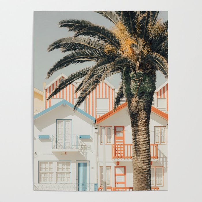 Palm Tree - Colorful Pastel Striped Beach Houses - Europe Travel Photography Poster