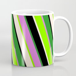 [ Thumbnail: Colorful Green, Beige, Black, Forest Green, and Orchid Colored Stripes/Lines Pattern Coffee Mug ]