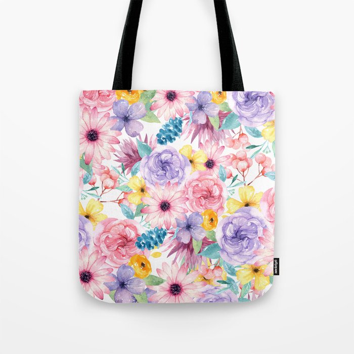 Modern elegant pink lavender yellow watercolor floral Tote Bag