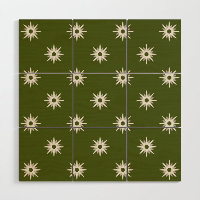 Green atomic mid century white stars pattern Wood Wall Art