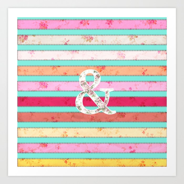 And...| Bright Whimsical Floral Ampersand Stitches Stripes Art Print