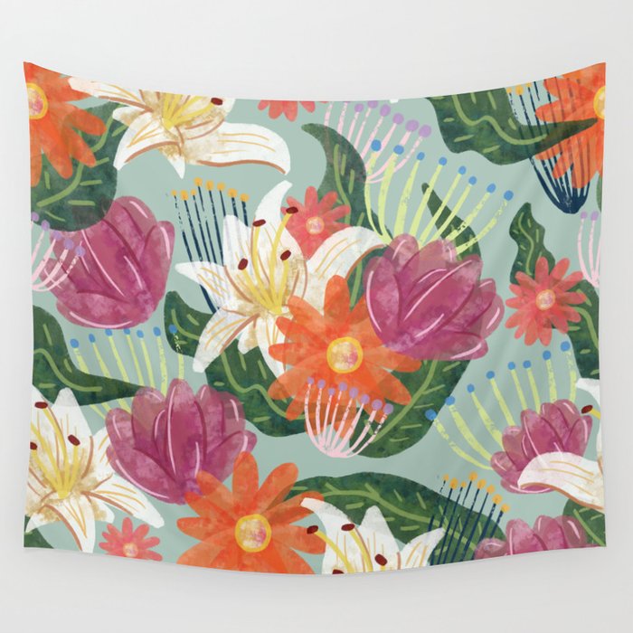 mint watercolor floral pattern Wall Tapestry