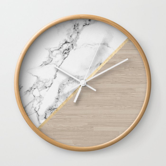 Modern white marble gold stripe wood color block Wall Clock