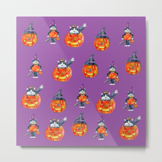 Black Cats and Jack-o-lanterns Metal Print
