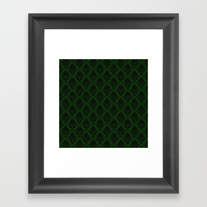 Black damask pattern Green Framed Art Print