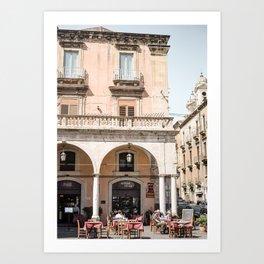 Sicilian cafe of Catania | Pastel archway and Italian cafe in European street, travel wall art Art Print