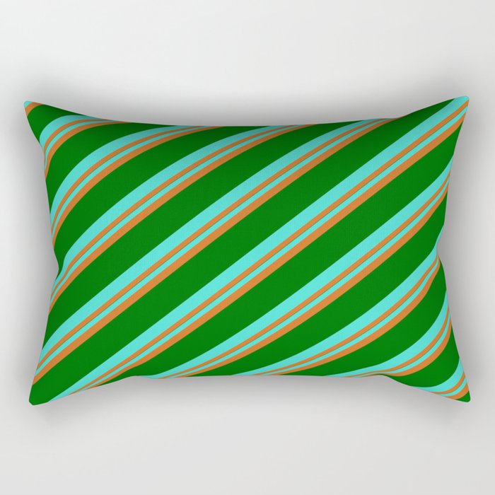 Turquoise, Chocolate & Dark Green Colored Stripes Pattern Rectangular Pillow