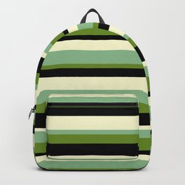 [ Thumbnail: Dark Sea Green, Green, Black & Light Yellow Colored Striped/Lined Pattern Backpack ]