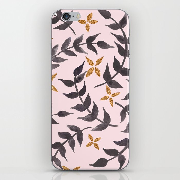 Black, pink and gold floral pattern iPhone Skin