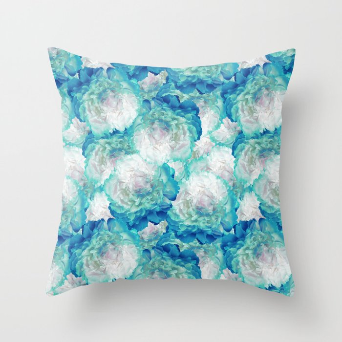 Bright Blue Green Peonies Oil Painted Floral Throw Pillow