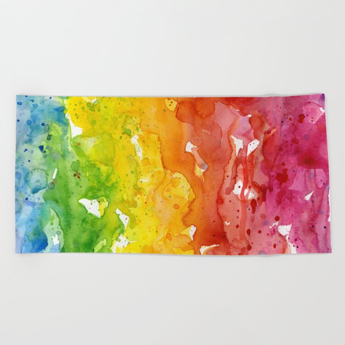 Rainbow Watercolor Texture Abstract Pattern Beach Towel By Olechka