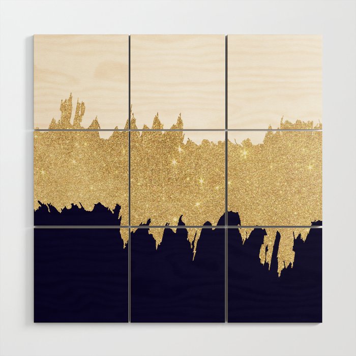 Modern Navy Blue White Faux Gold Glitter Brushstrokes Wood Wall