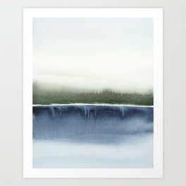 Forest Reflection I - Olive Green Forest Trees Navy Blue River Reflection Art Watercolor Art Print