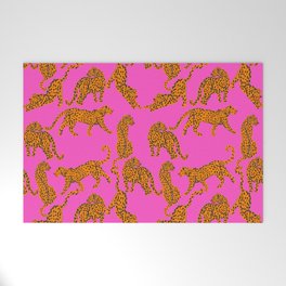 Abstract leopard with red lips illustration in fuchsia background  Welcome Mat