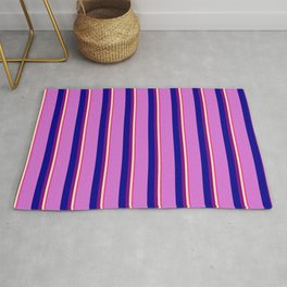 [ Thumbnail: Deep Pink, Beige, Purple, Dark Blue, and Orchid Colored Stripes Pattern Rug ]