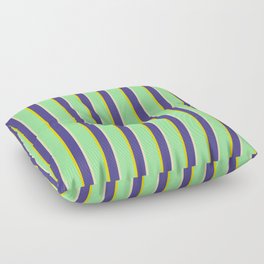 [ Thumbnail: Green, Yellow, Dark Slate Blue & Beige Colored Stripes/Lines Pattern Floor Pillow ]