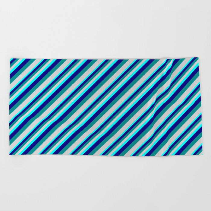 Aqua, Blue, Dark Cyan, and Light Gray Colored Lined/Striped Pattern Beach Towel