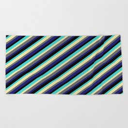 [ Thumbnail: Eyecatching Turquoise, Pale Goldenrod, Dim Gray, Midnight Blue, and Black Colored Striped Pattern Beach Towel ]
