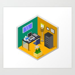 Isometric office room Art Print | Vector, Illustration, Desk, Corporate, Table, Organization, Graphicdesign, Room, Office, Isometric 