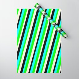 [ Thumbnail: Cyan, Lime, Beige & Black Colored Lined Pattern Wrapping Paper ]