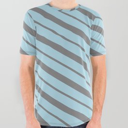 [ Thumbnail: Light Blue and Gray Colored Lined/Striped Pattern All Over Graphic Tee ]