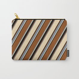 [ Thumbnail: Brown, Light Slate Gray, Tan, and Black Colored Lined/Striped Pattern Carry-All Pouch ]