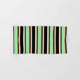 [ Thumbnail: Crimson, Light Green, Light Cyan, and Black Colored Pattern of Stripes Hand & Bath Towel ]