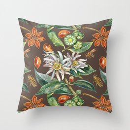 Watercolor botanical seamless pattern of culinary and healing plant star anise Throw Pillow