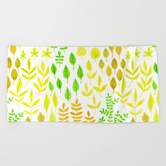 Watercolor doodle leaves pattern white Beach Towel