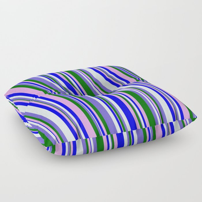 Colorful Plum, Blue, Light Cyan, Slate Blue & Dark Green Colored Striped/Lined Pattern Floor Pillow