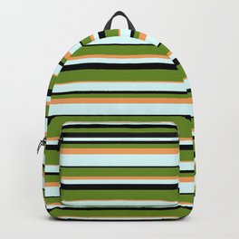[ Thumbnail: Green, Brown, Light Cyan, and Black Colored Stripes/Lines Pattern Backpack ]