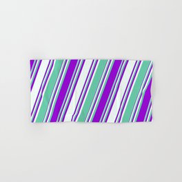 [ Thumbnail: Aquamarine, Dark Violet, and Mint Cream Colored Stripes/Lines Pattern Hand & Bath Towel ]