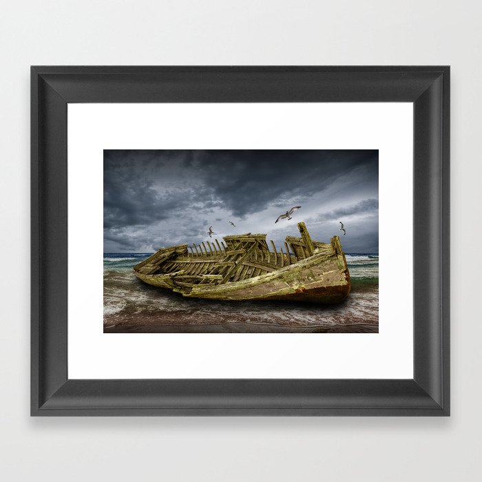 Boat Shipwreck on the Beach Shore Framed Art Print
