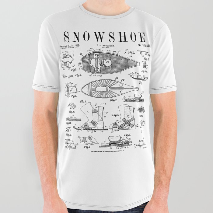 Snowshoe Snowshoeing Winter Hiking Vintage Patent Print All Over Graphic Tee